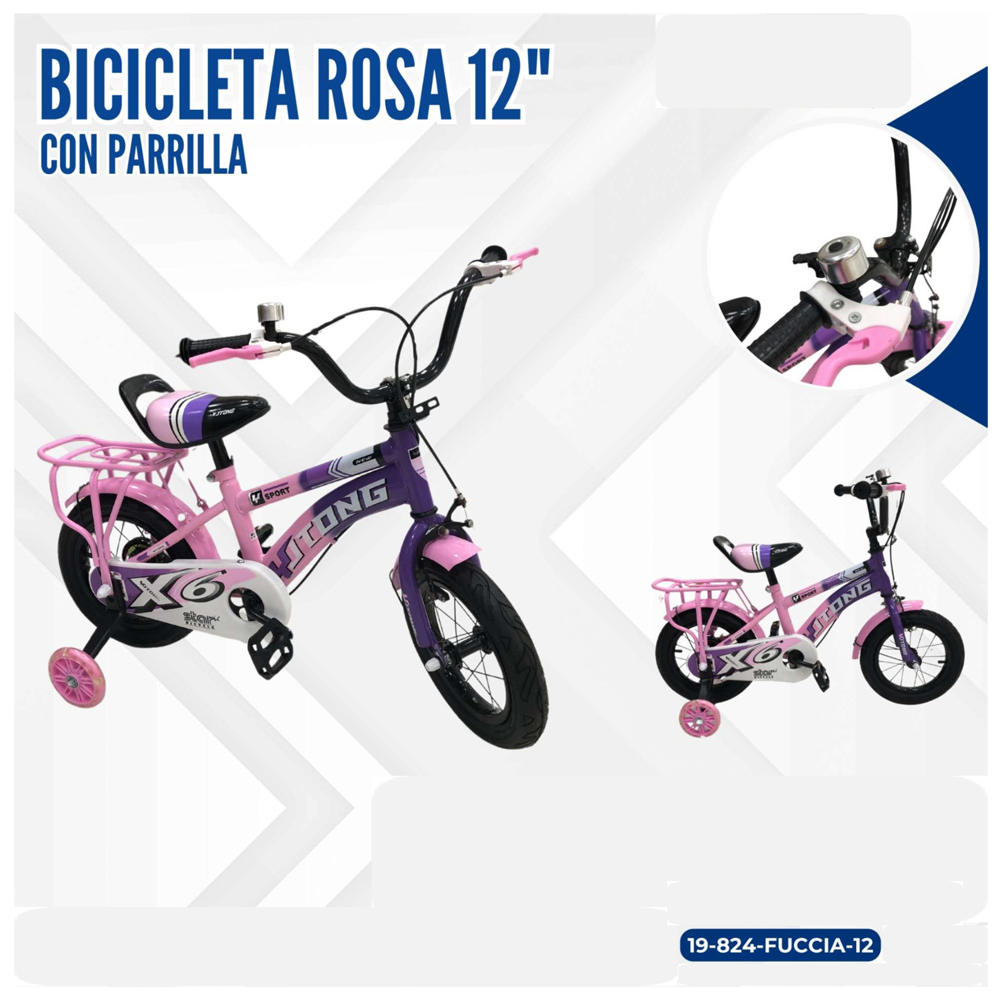 BICICLETA ROSA 12" CON PARRILLA