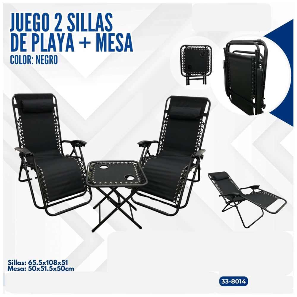 JUEGO DE  2 SILLAS DE PLAYA PLEGABLE NEGRA + MESA