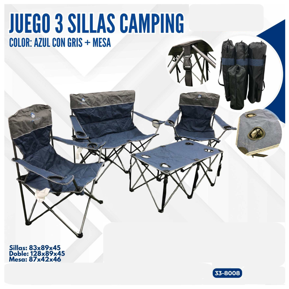 JUEGO DE  3 SILLAS CAMPING AZUL CON GRIS + MESA