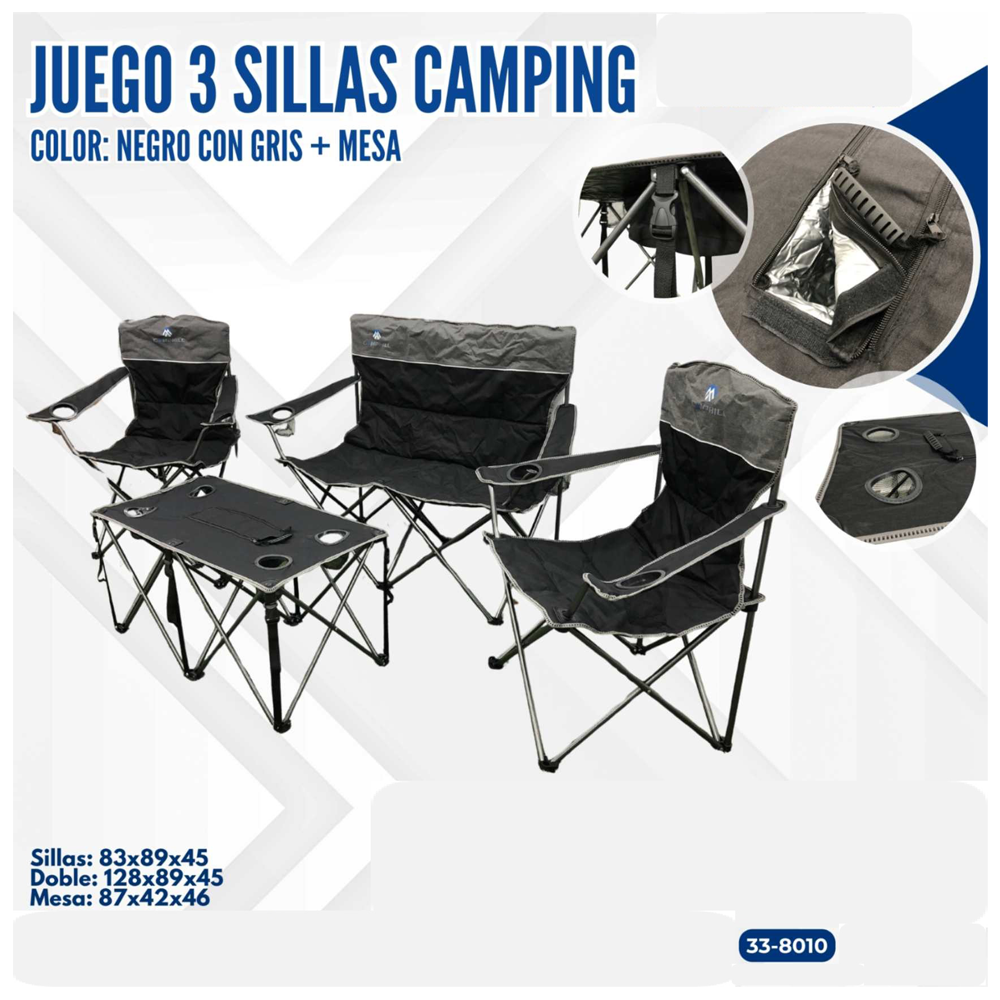 JUEGO DE  3 SILLAS CAMPING NEGRO CON GRIS + MESA