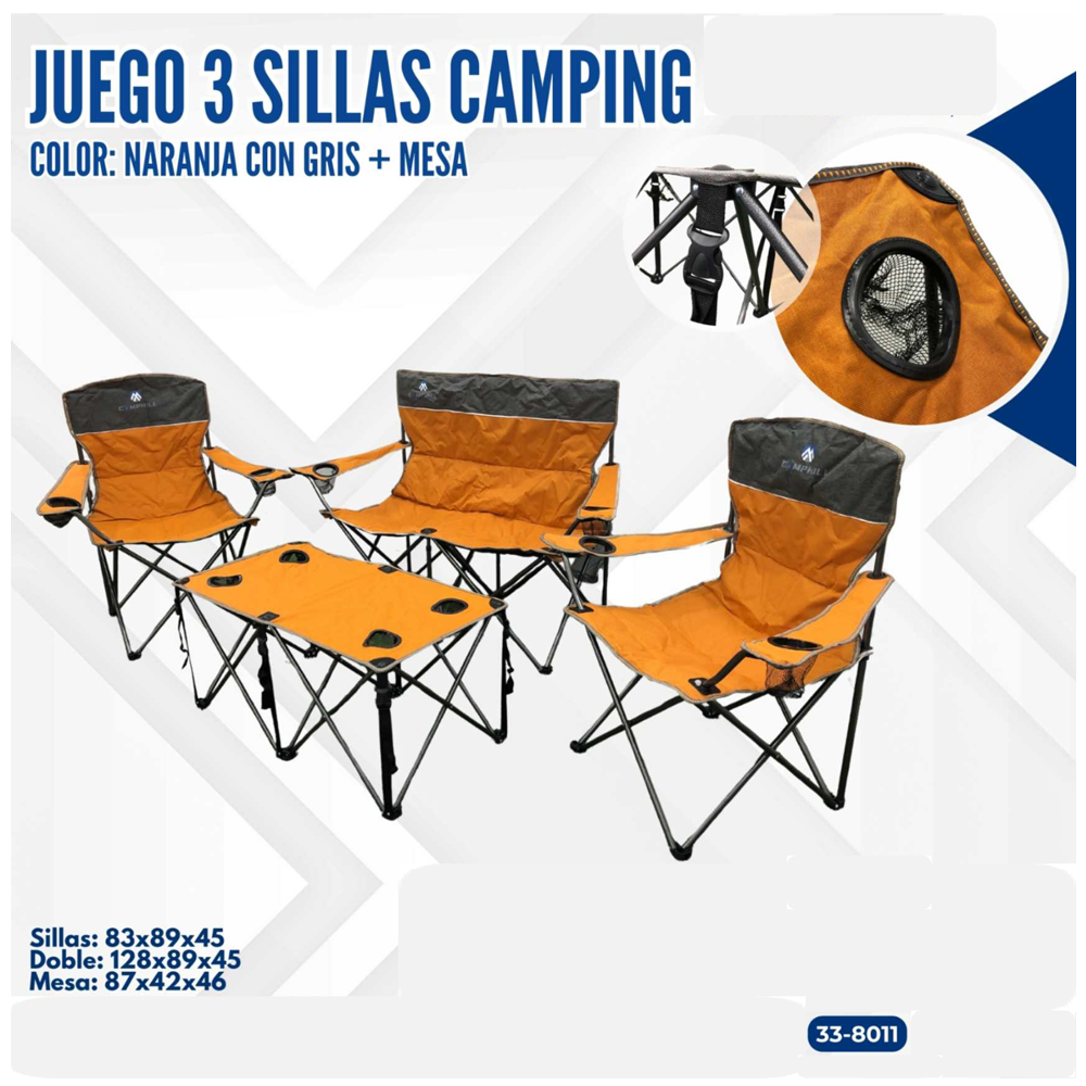 JUEGO DE  3 SILLAS CAMPING NARANJA CON GRIS + MESA