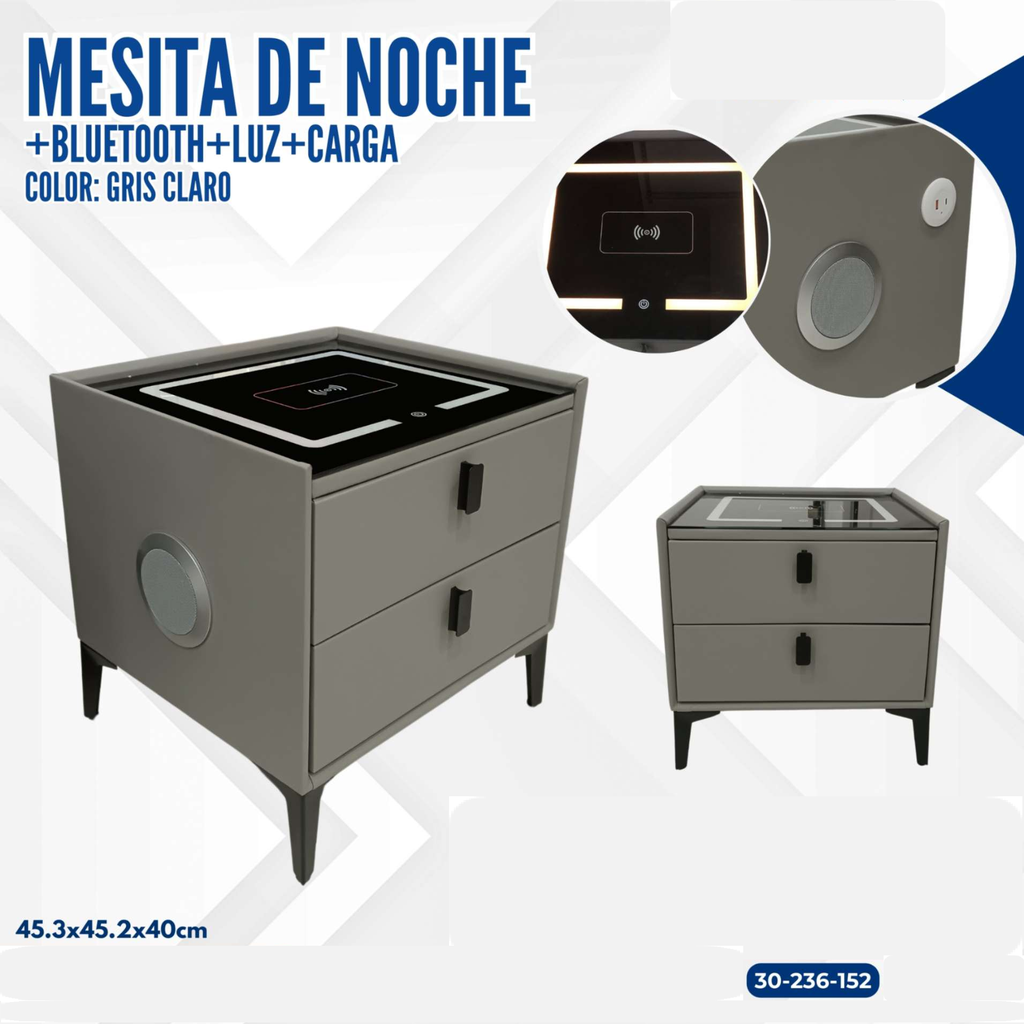 MESITA DE NOCHE GRIS CLARO +BLUETOOTH+LUZ+CARGA 2 GAVETAS