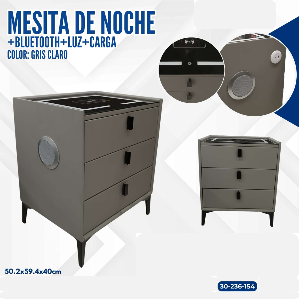 MESITA DE NOCHE GRIS CLARO +BLUETOOTH+LUZ+CARGA 3 GAVETAS