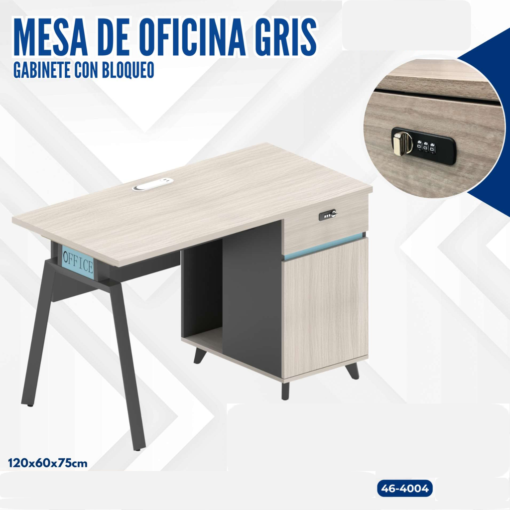 MESA DE OFICINA GRIS+GABINETE CON BLOQUEO 120X60X75