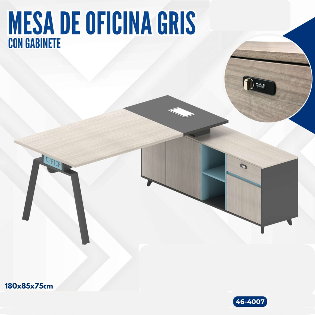 MESA DE OFICINA GRIS CON GABINETE 180X85X75