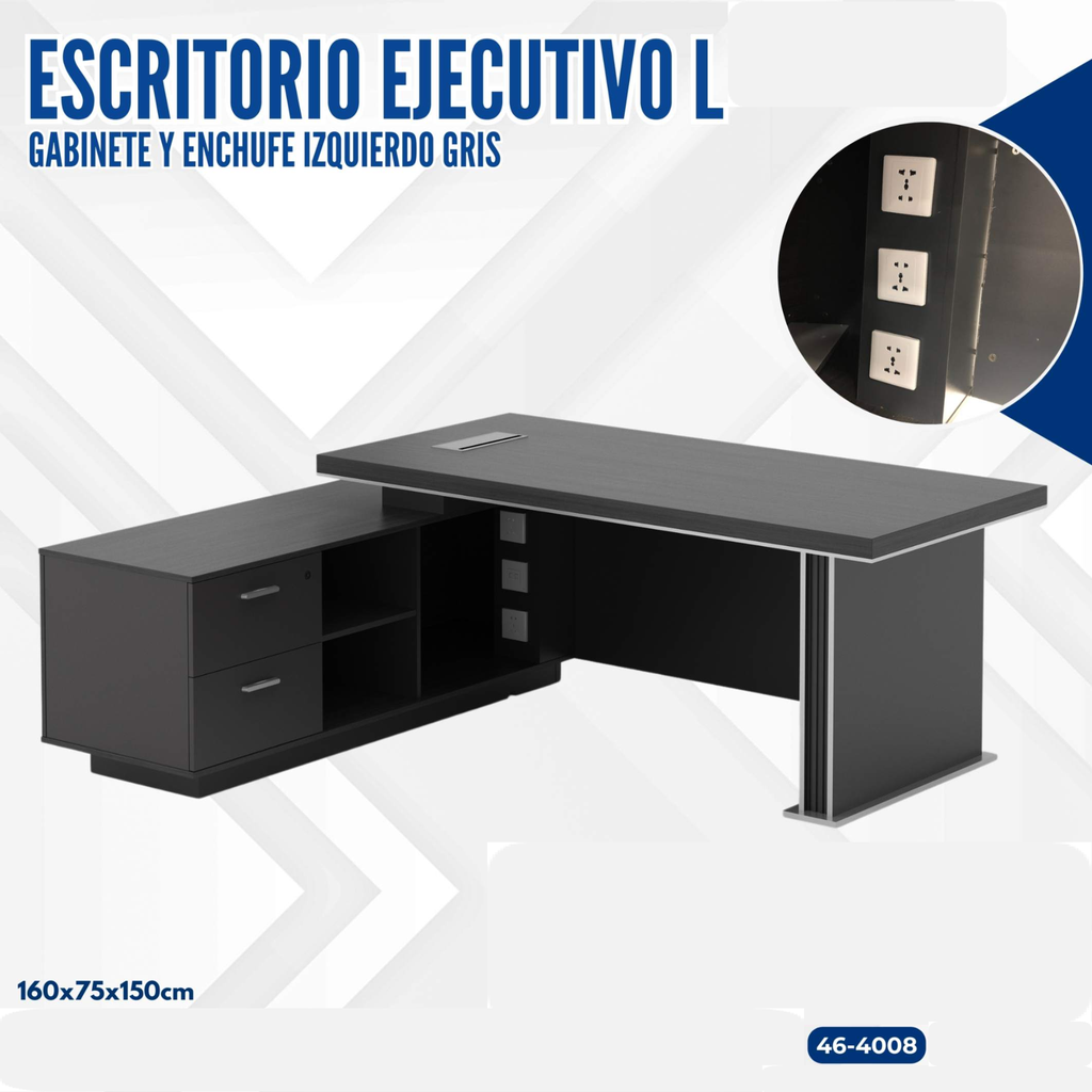 ESCRITORIO EJECUTIVO GRIS L IZQUIERDA+GABINETE Y ENCHUFE 160X150X75