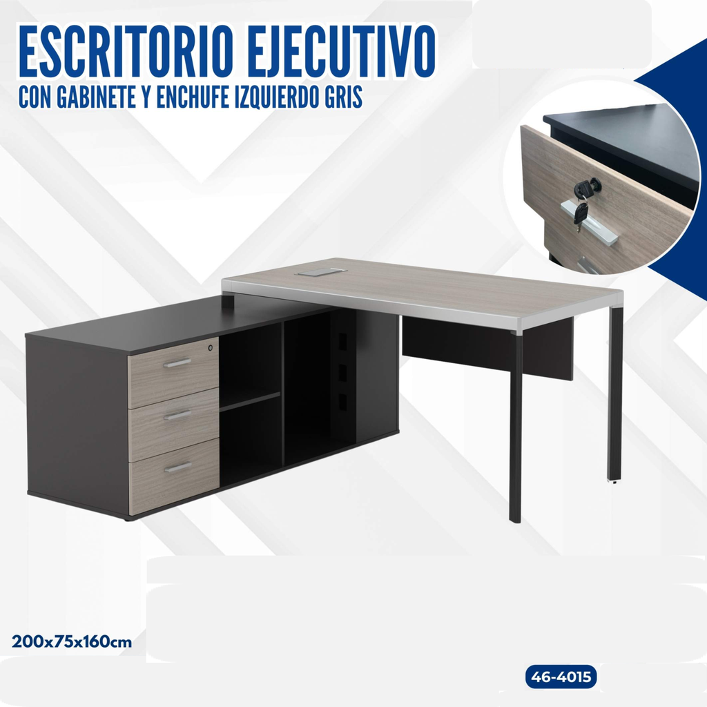 ESCRITORIO EJECUTIVO GRIS CON GABINETE Y ENCHUFE IZQUIERDA 200X160X75CM