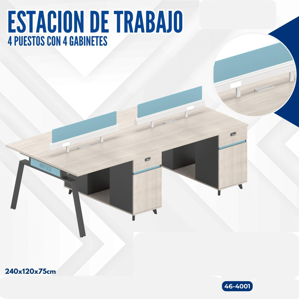 ESTACION DE TRABAJO 4 PUESTOS 240X120X75CM  CON 4 GABINETES