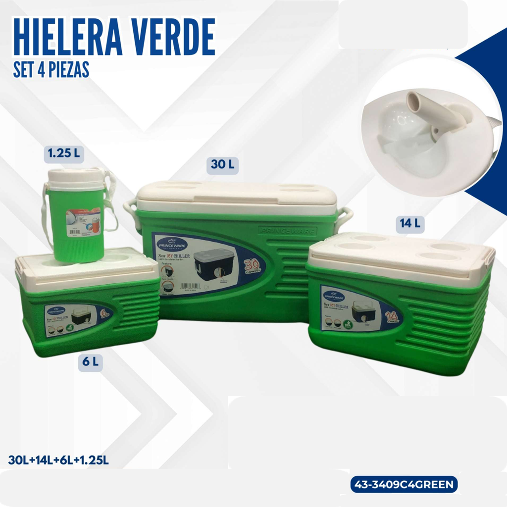 HIELERA VERDE SET 4 PIEZAS (30L+14L+6L+1.25L)