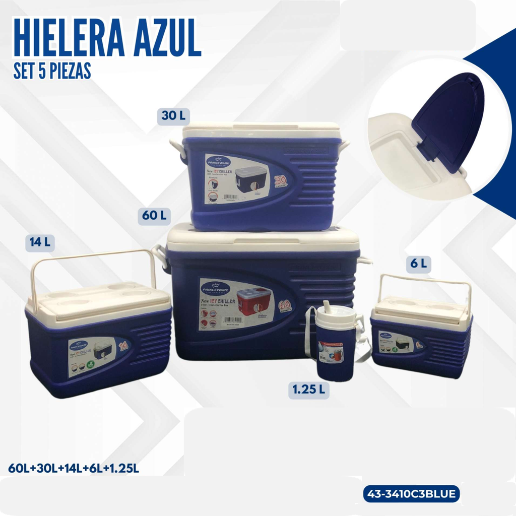 HIELERA AZUL SET 5 PIEZAS (60L+30L+14L+6L+1.25L)