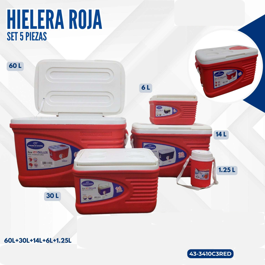 HIELERA ROJA SET 5 PIEZAS (60L+30L+14L+6L+1.25L)