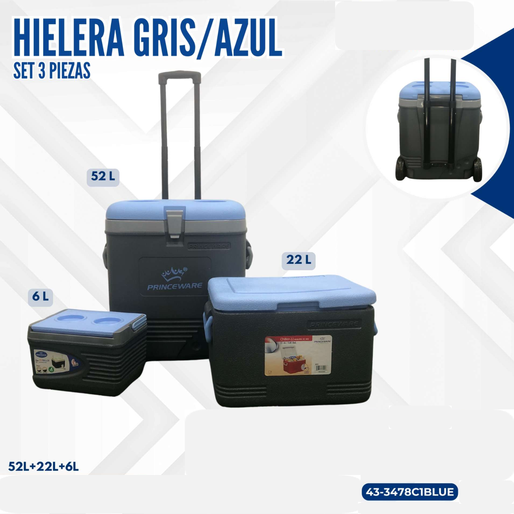 HIELERA GRIS/AZUL SET 3 PIEZAS (52L+22L+6L)