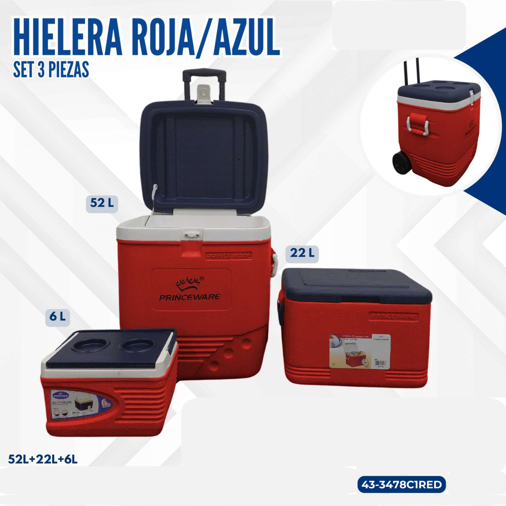 HIELERA ROJA/AZUL SET 3 PIEZAS (52L+22L+6L)