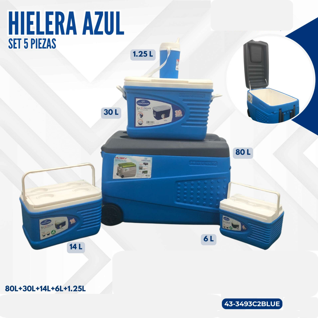 HIELERA AZUL SET 5 PIEZAS (80L+30L+14L+6L+1.25L)