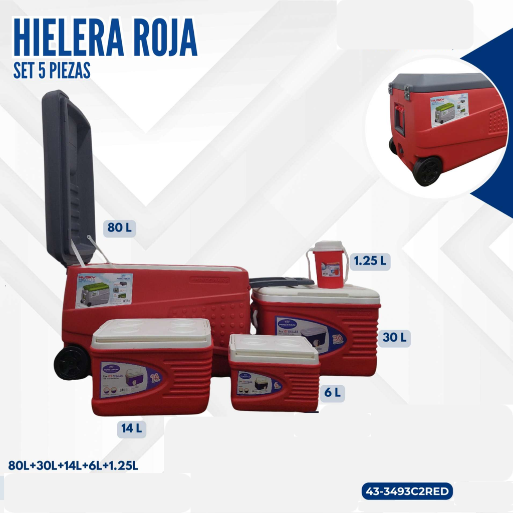 HIELERA ROJA SET 5 PIEZAS (80L+30L+14L+6L+1.25L)