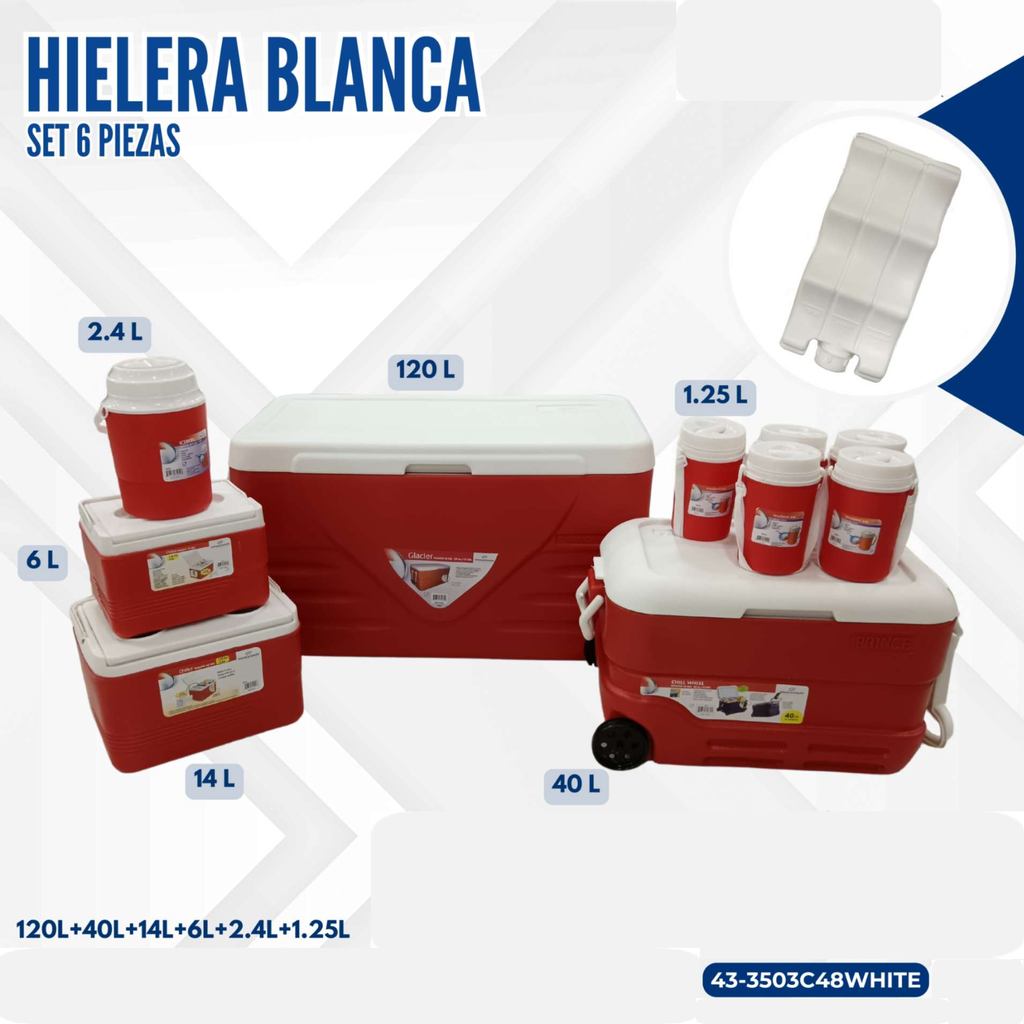 HIELERA ROJA/BLANCO SET 9 PIEZAS (120L+40L+14L+6L+2.4L+1.25L X4)