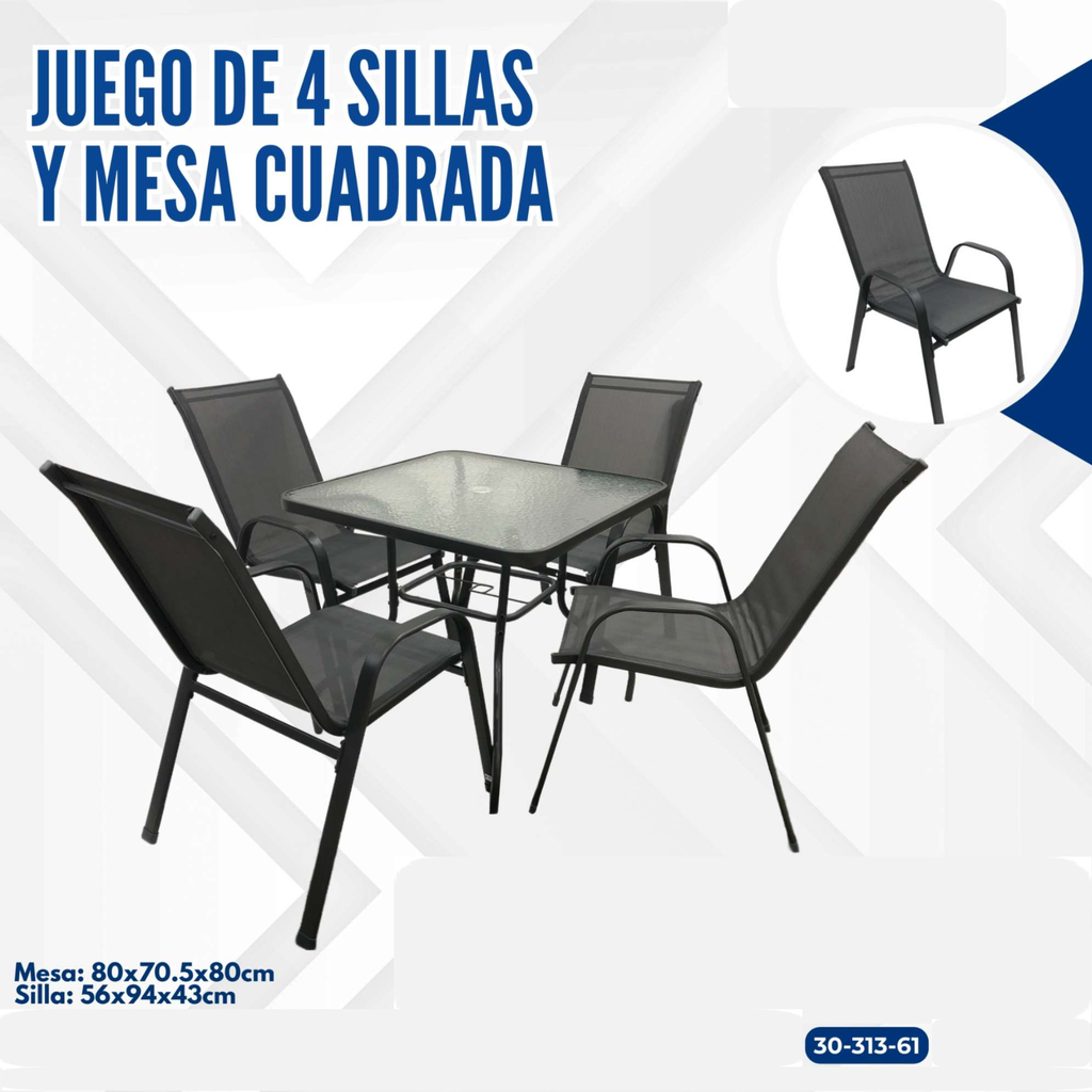 JUEGO DE 4  SILLAS+MESA CUADRADA 80X80CM