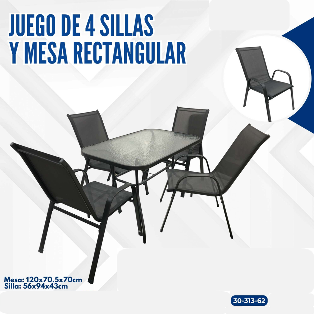 JUEGO DE 4 SILLAS+MESA RECTANGULAR 120X70CM