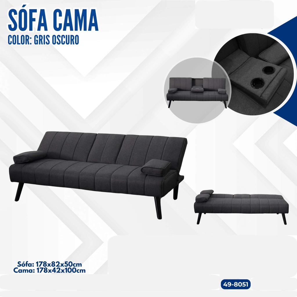 SOFA CAMA GRIS OSCURO CON PATAS NEGRAS