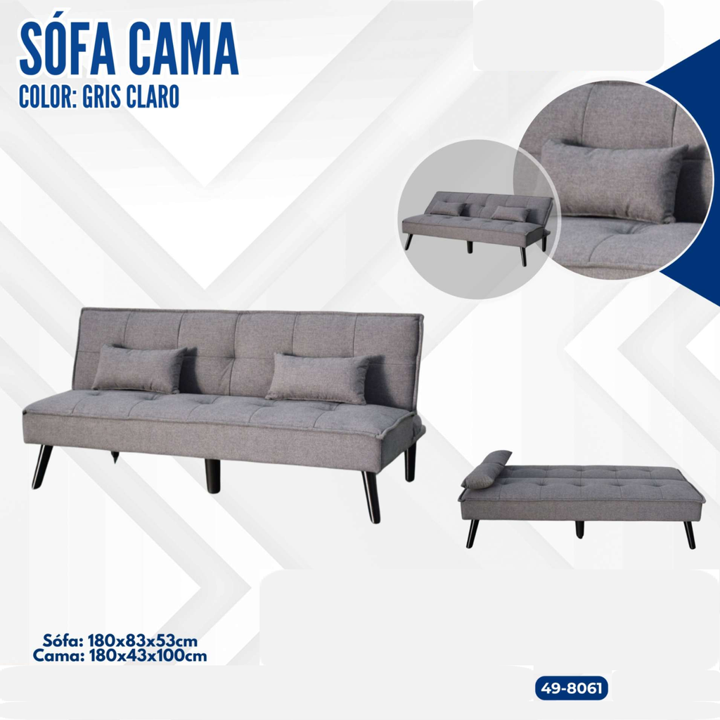 SOFA CAMA GRIS CLARO CON PATAS NEGRAS