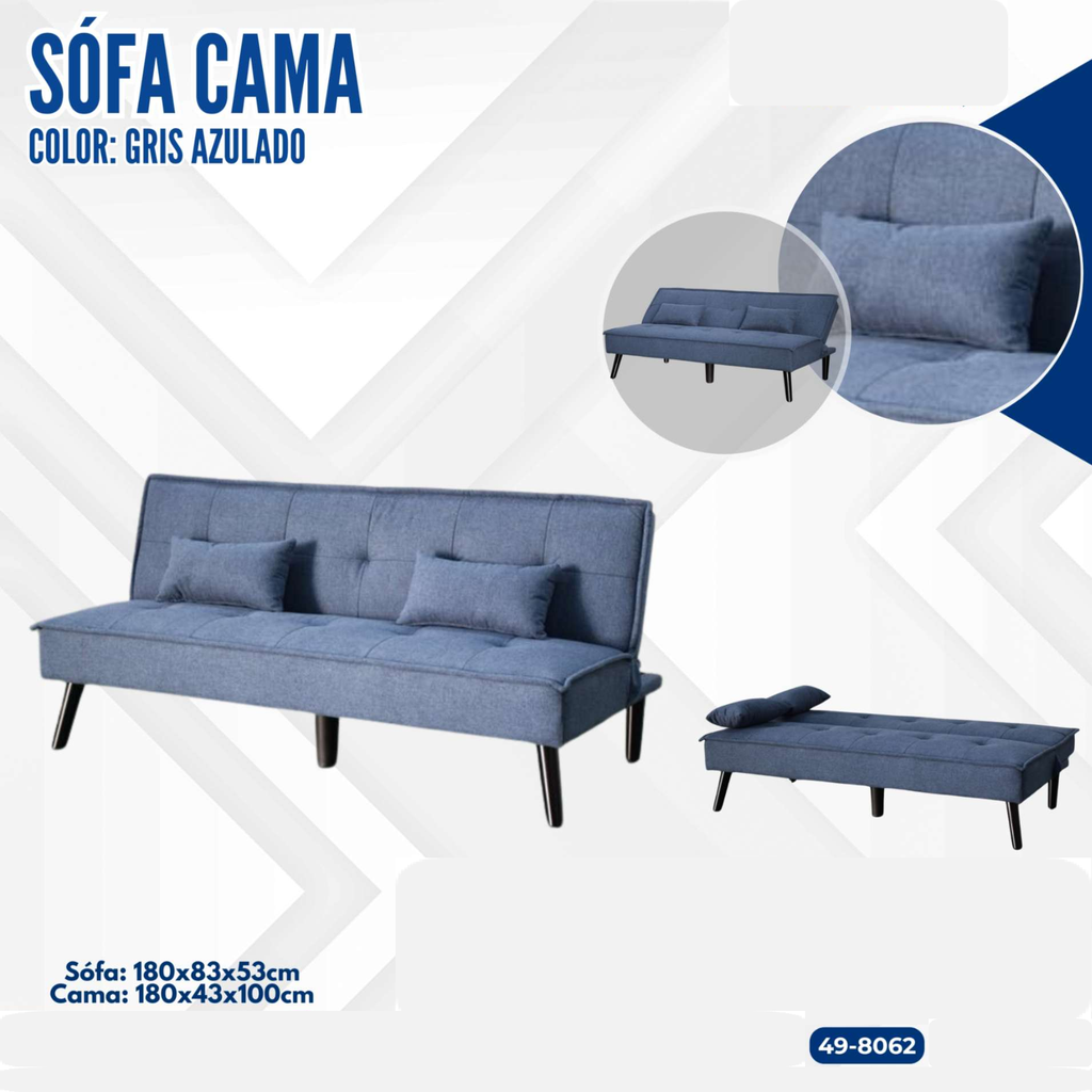 SOFA CAMA GRIS AZULADO CON PATAS NEGRAS