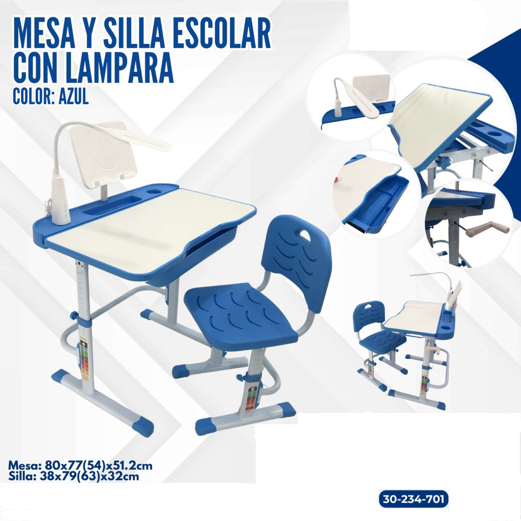 MESA Y SILLA ESCOLAR CON LAMPARA  AZUL