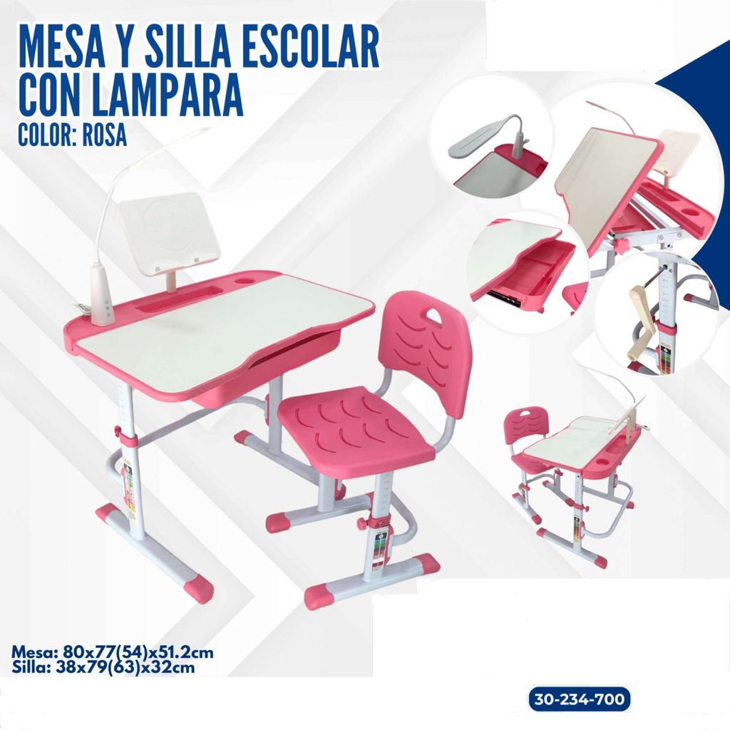 MESA Y SILLA ESCOLAR CON LAMPARA  ROSA