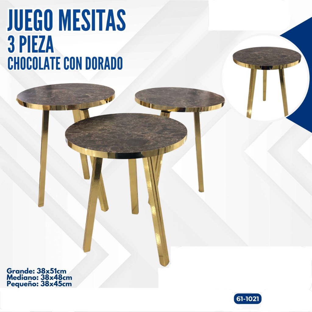 JUEGO DE MESITAS 3 PIEZAS CHOCOLATE CON DORADO