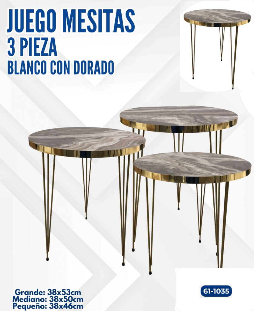 JUEGO DE MESITAS 3 PIEZAS BLANCO CON DORADO