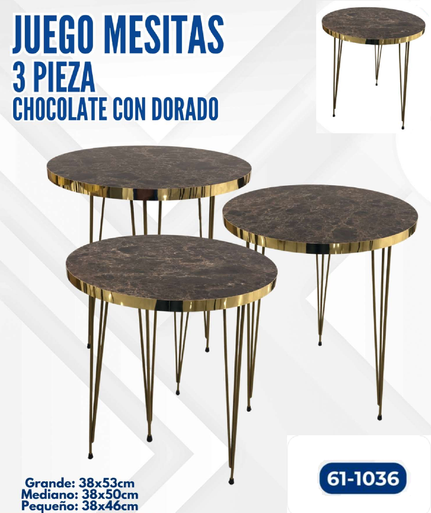 JUEGO DE MESITAS 3 PIEZAS CHOCOLATE CON DORADO