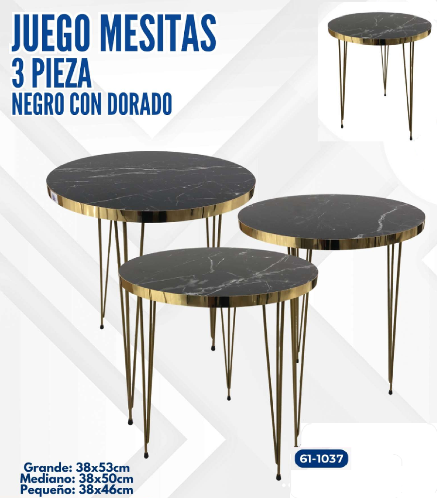 JUEGO DE MESITAS 3 PIEZAS NEGRO CON DORADO