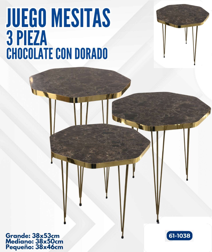 JUEGO DE MESITAS 3 PIEZAS CHOCOLATE CON DORADO