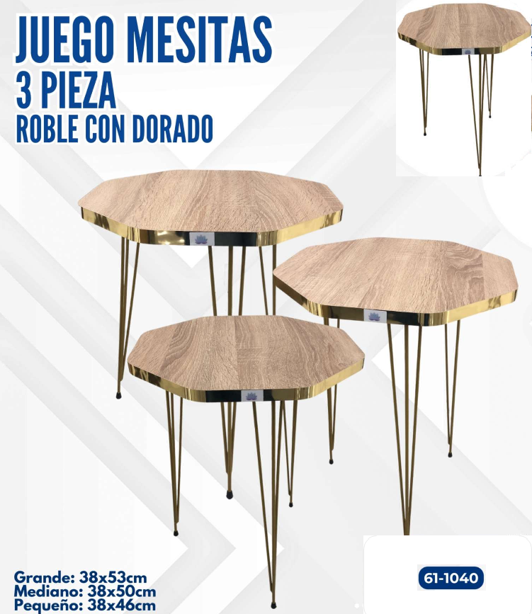 JUEGO DE MESITAS 3 PIEZAS ROBLE CON DORADO