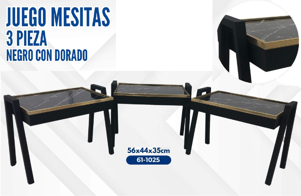 JUEGO DE MESITAS 3 PIEZA NEGRO/DORADO SKU : 61-1025