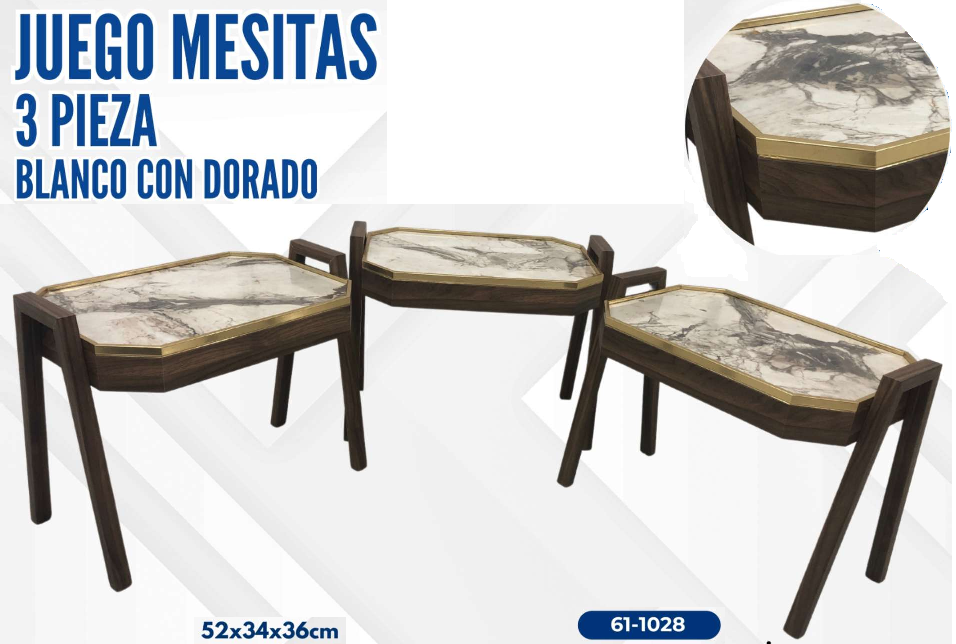 JUEGO DE MESITAS 3 PIEZA BLANCO/DORADO