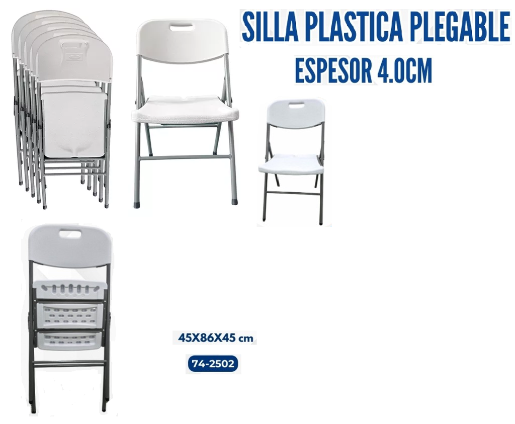 SILLA PLASTICA PLEGABLE BLANCA ESP 4.0CM 45X86X45 cm