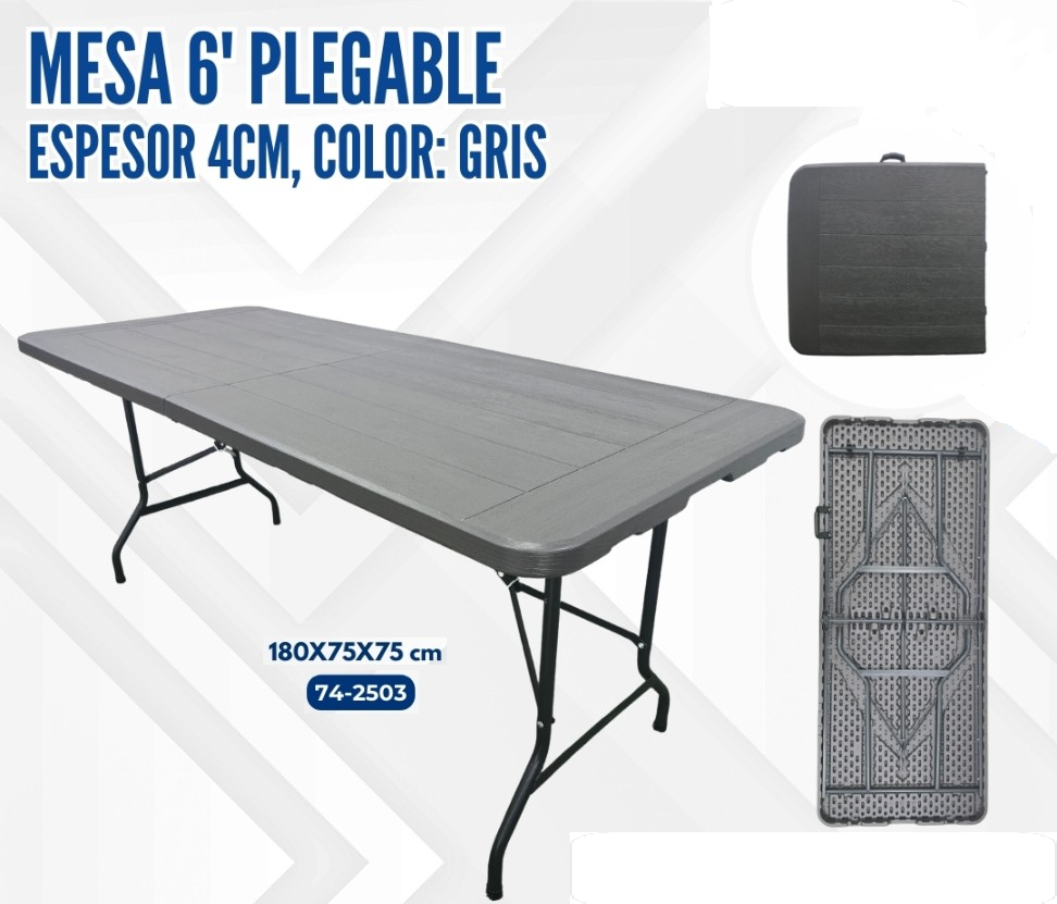 MESA 6' PLEGABLE DE PLASTICO GRIS ESP 4CM