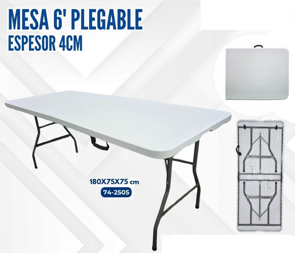 MESA 6' PLEGABLE DE PLASTICO BLANCO ESP 4CM 180X75X75 cm