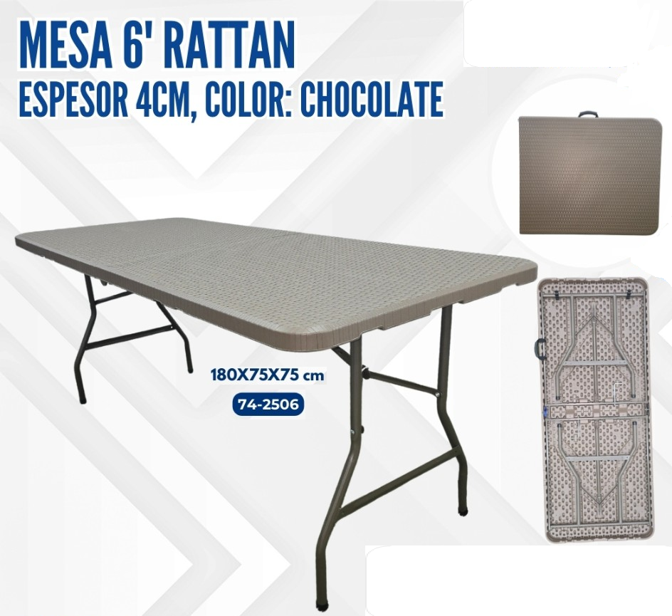 MESA 6' RATTAN PLEGABLE DE PLASTICO CHOCOLATE ESP 4CM