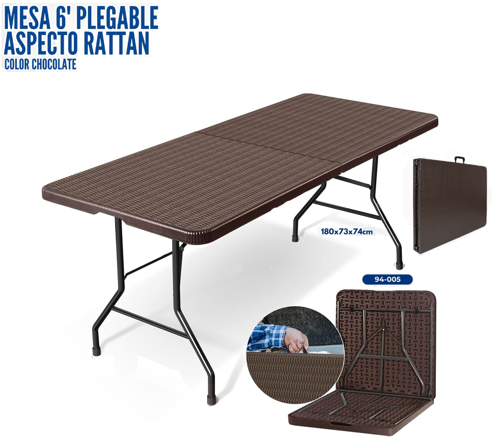 MESA 6' PLEGABLE CHOCOLATE PLASTICA  RATTAN ASPECTO