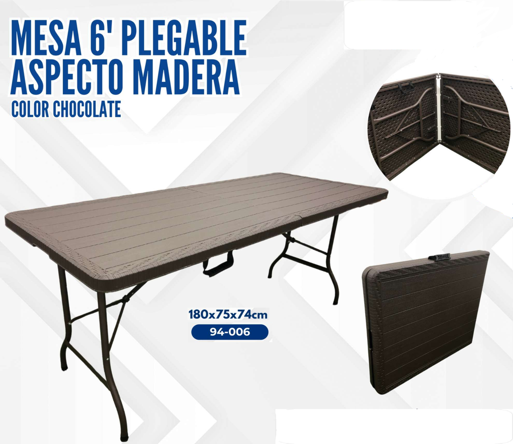 MESA 6' PLEGABLE BROWN DE PLASTICO ASPECTO MADERA CHOCO