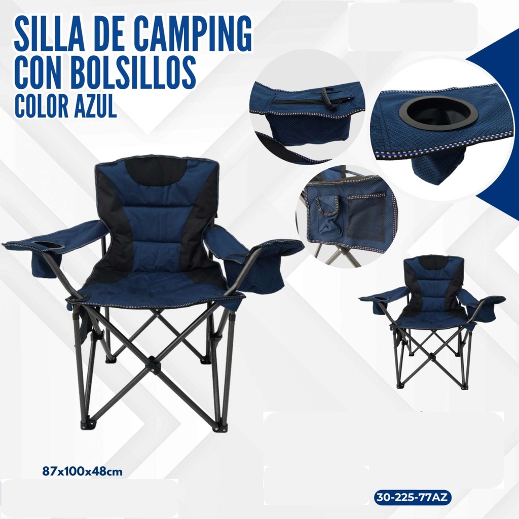 SILLA DE CAMPING AZUL CON BOLSILLOS