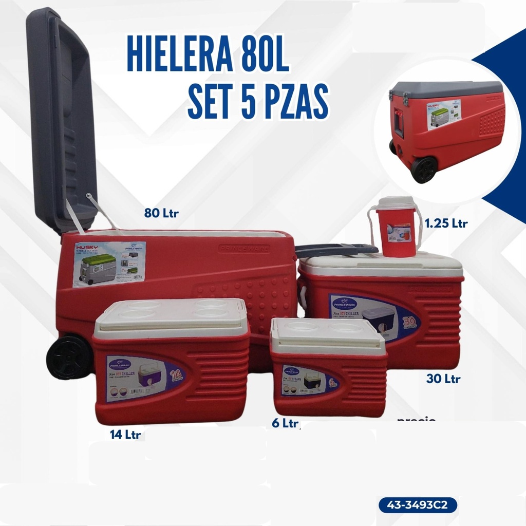 HIELERA ROJA SET 5 PIEZAS 80L