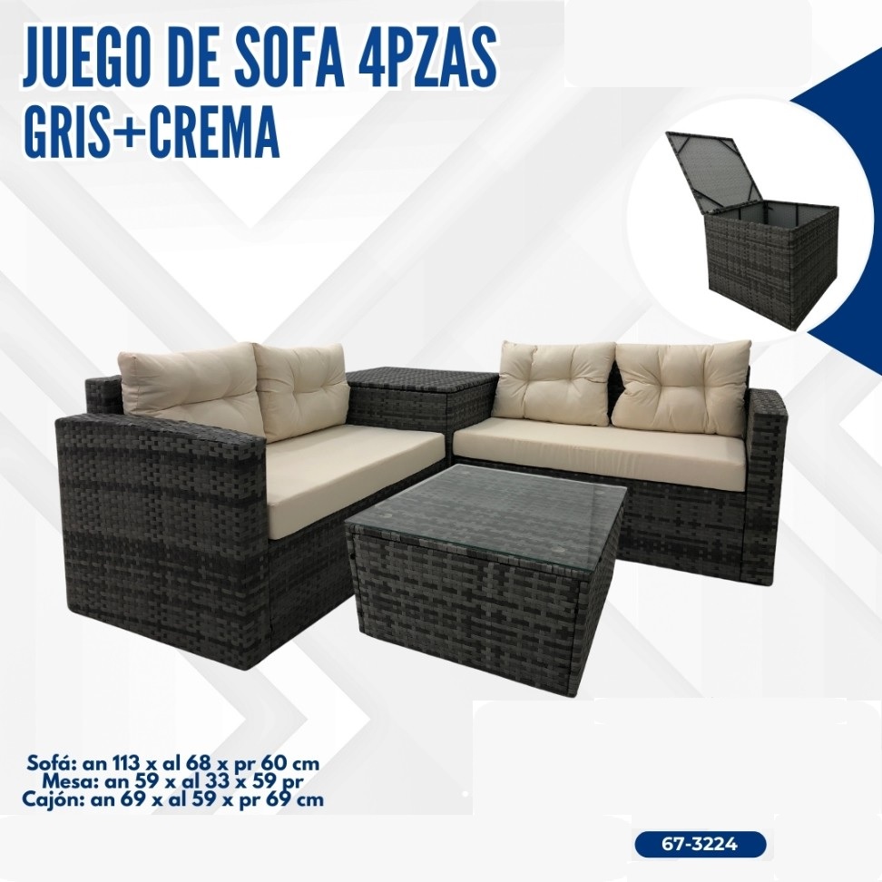 JUEGO DE SOFA 4 PIEZAS COLOR GRIS+CREMA ESTILO RATTAN