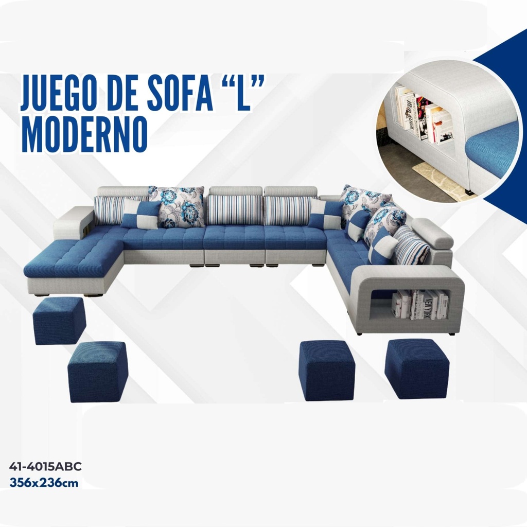 JUEGO DE SOFA L MODERNO AZUL+GRIS